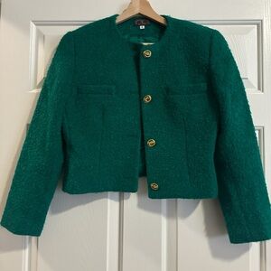 Vintage Green wool blend form fitting jacket with gold detailed buttons